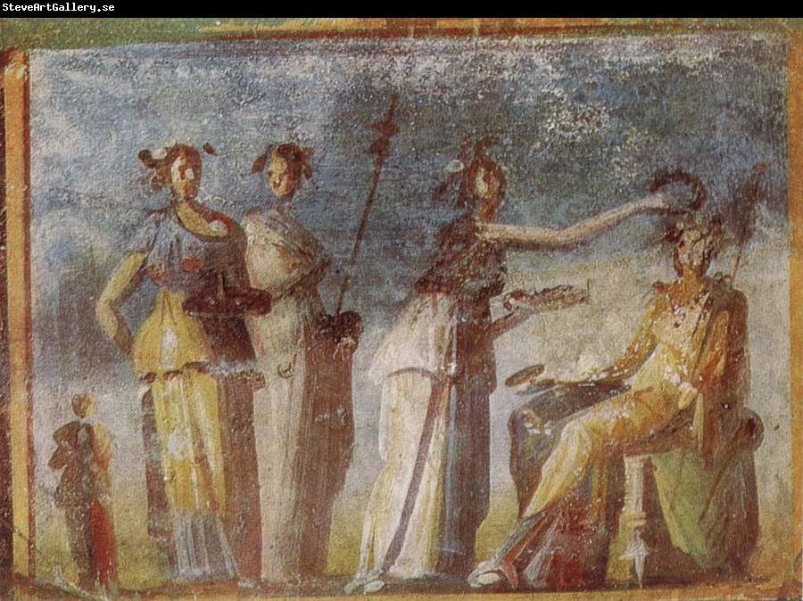 unknow artist Wall painting from Herculaneum showing in highly impres sionistic style the bringing of offerings to Dionysus